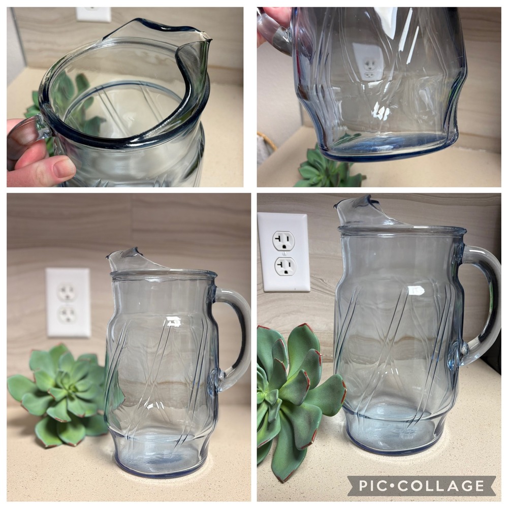 Vintage Blue Glass Pitcher with Etched Crisscross Design and Ice Lip Spout
